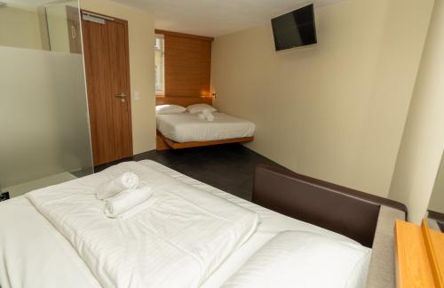 Cette chambre comprend 2 lits et un miroir. dans l'établissement Hotel Düsseldorfer Hof, à Francfort-sur-le-Main