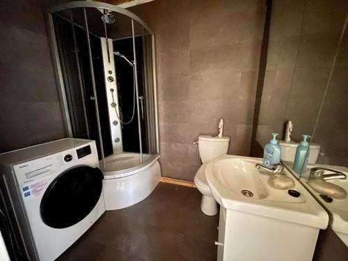 a bathroom with a sink and a shower and a toilet at Leśny Azyl in Kępiaste