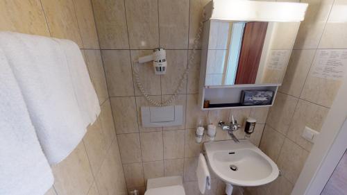 a bathroom with a sink and a toilet and a mirror at Hotel Ambassador in Brig