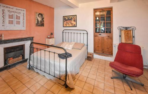 um quarto com uma cama, uma cadeira e uma lareira em Gite Champêtre Drome Lorette em Marsanne