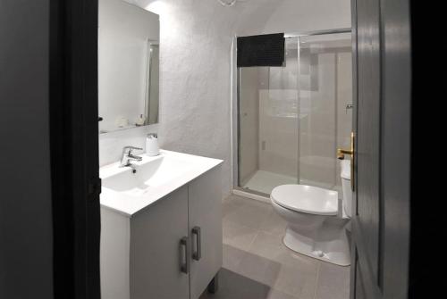 a white bathroom with a sink and a toilet at Casa del silencio Can Baldoyra in Espinavesa