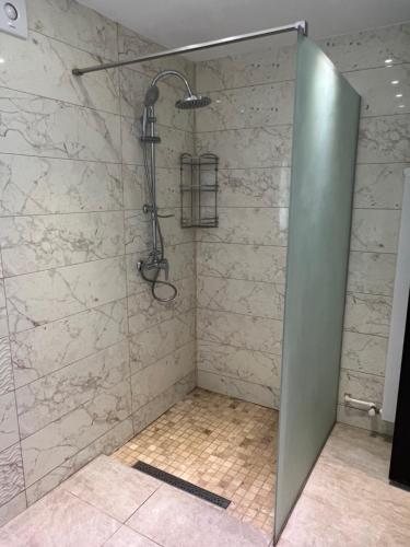 a shower with a shower head in a bathroom at Apartament GEAVIDAN in Eforie Sud