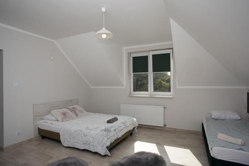 a white bedroom with a bed and a window at Pan Tadeusz in Zwierzyniec