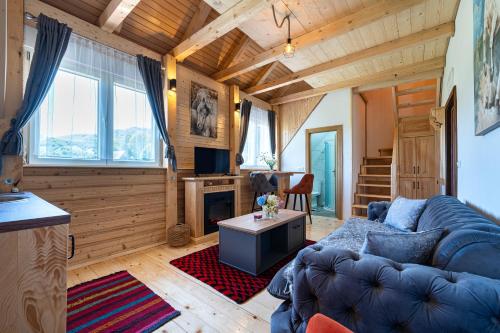 a living room with a couch and a fireplace at Apartments CENTER OF THE WORLD in Žabljak