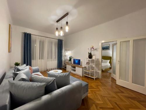 CityViews Apartment Cluj في كلوي نابوكا: غرفة معيشة بها أريكة وتلفزيون