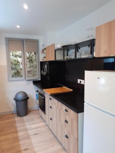 - une cuisine avec des comptoirs noirs et un réfrigérateur blanc dans l'établissement LA DOVA MARMOTTE, à Brides-les-Bains