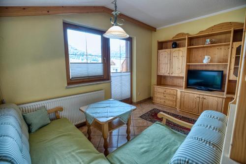 a living room with a couch and a tv at Appartments Geisler in Achenkirch