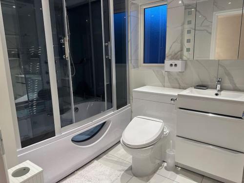 a bathroom with a toilet and a sink and a shower at Stunning 4-Bedroom Home in Basingstoke