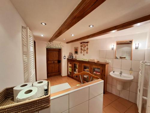 a bathroom with a sink and a toilet at Kamélie in Česká Kamenice