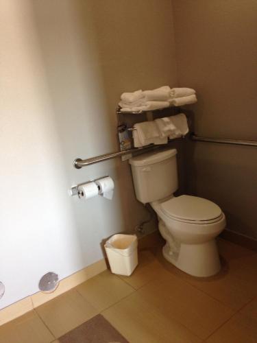 a bathroom with a toilet and some towels at Scottish Inn & Suites Cotulla, TX in Cotulla