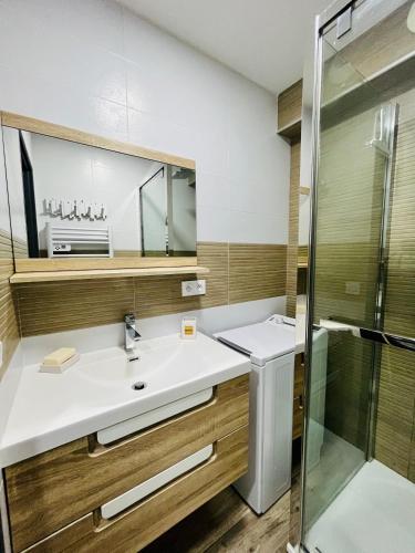 une salle de bain avec un lavabo et une douche dans l'établissement Studio piscine plages à pied, à La Grande Motte