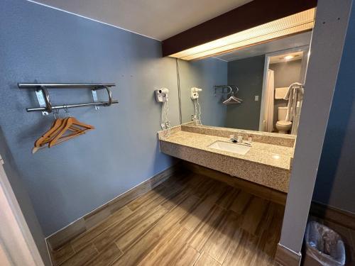 a bathroom with a sink and a mirror at HillView Inn at Six Flags Fiesta in San Antonio