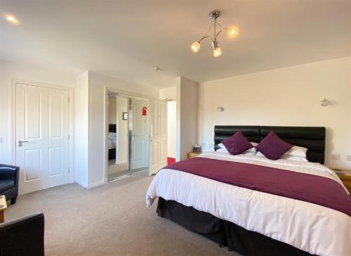 a bedroom with a large bed with purple pillows at Rosebank Guest House in Perth