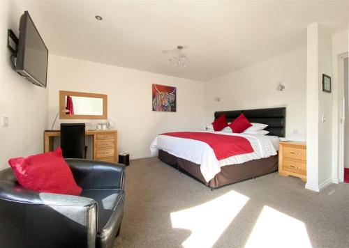 a bedroom with a bed and a chair and a television at Rosebank Guest House in Perth