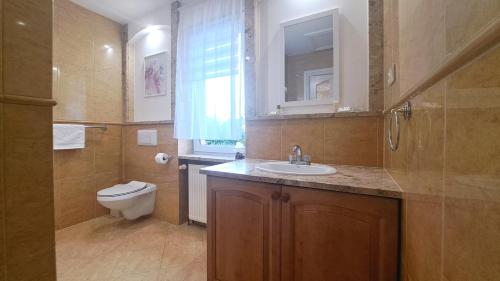 a bathroom with a sink and a toilet and a window at Apartamenty Nadbrzeżna Premium 2 in Augustów