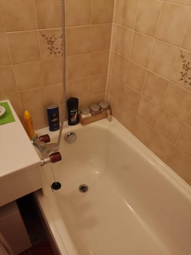 y baño con bañera blanca y lavamanos. en Charmant petit appartement de 20 m2 avec un parking gratuit !, en Thollon-les-Mémises