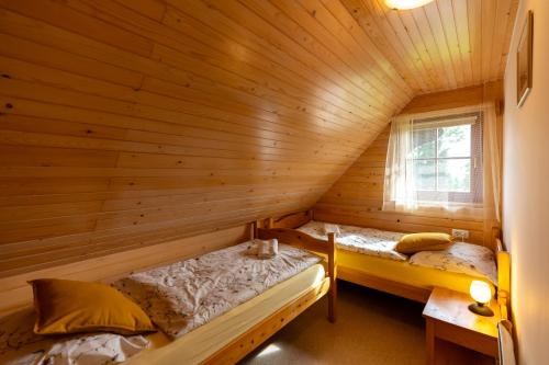 two beds in a log cabin with a window at Počitniška hiša Uskovnica in Srednja Vas v Bohinju