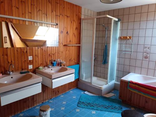 Room in BB - Lit 2 Personnes Avec Un Grand Bureau في Fruges: حمام مع مغسلتين ودش وحوض استحمام