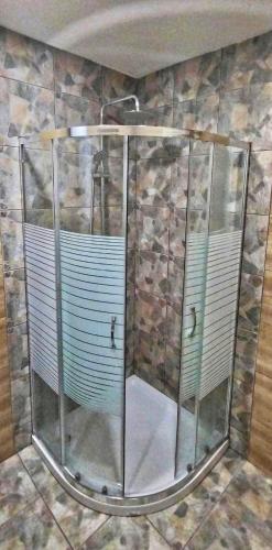 a shower with glass doors in a bathroom at Spacious Apartment next to South Park Просторен Апартамент до Южен Парк Top Location in Sofia