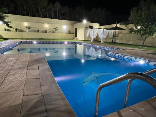 a swimming pool at night with a dolphin in the water at Stunning 3-Bed Villa in Fes near fes sais airport in Fès