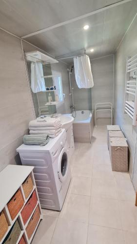 une salle de bain avec une machine à laver et un lavabo dans l'établissement JOLI APPARTEMENT AVEC JARDIN, à La Teste-de-Buch