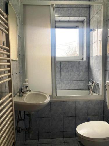 a bathroom with a sink and a toilet and a window at Apartman Kraljica 1 in Kupres