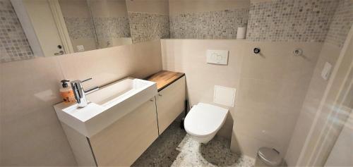 ein weißes Bad mit einem Waschbecken und einem WC in der Unterkunft Bright, big apartment with own sauna & balcony in Helsinki