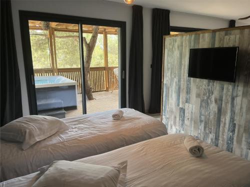two beds in a room with a tv and a bathroom at Villa Occitana in Calvisson