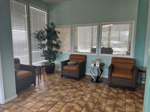 a waiting room with chairs and a table and windows at HillView Inn at Six Flags Fiesta in San Antonio