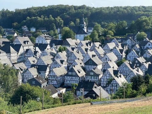 una vista aerea delle case in un quartiere residenziale di Ferienwohnung „Dachblick“ in Freudenberg a Freudenberg