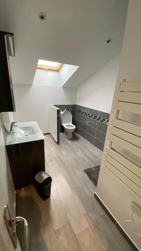 a bathroom with a toilet and a sink and a mirror at Appartement Cosy in Le Bourget