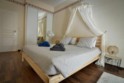 - une chambre avec un grand lit à baldaquin dans l'établissement Grand appartement de haut standing en centre-ville, à Montluçon