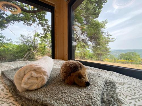 a dog laying on a bed in front of a window at La Bastide Provençale - Terre d'Ocre & de Lavande in Viens