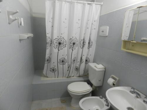 La salle de bains est pourvue de toilettes et d'un rideau de douche. dans l'établissement Lo de Lili, à Puerto Madryn