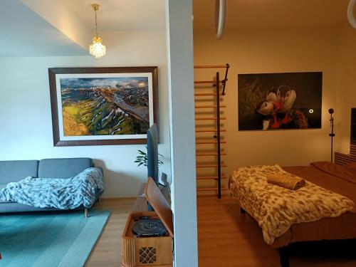 a living room with a blue couch and a bedroom at Puffin Nest, Superior Apartment in Reykjavík