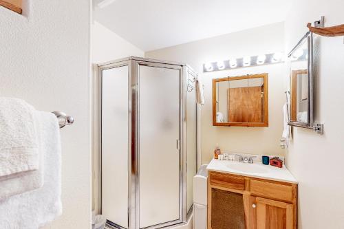 a bathroom with a shower and a sink at Bottle Bay Bungalow in Sagle