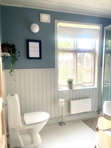 Un baño con inodoro y ventana. en Gårdsfrun B&B, en Löttorp
