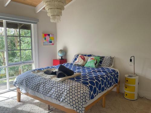 a bedroom with a bed with a blue and white comforter at Kookaburra Cabin in Warburton