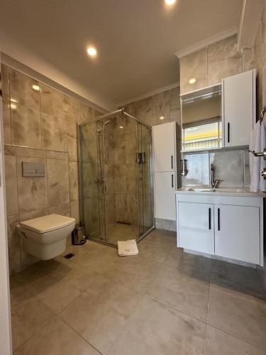 a bathroom with a shower and a toilet and a sink at Dolce Bella Suites in Trabzon
