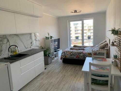 a kitchen and a bedroom with a bed and a desk at Apartmán Šantova in Olomouc