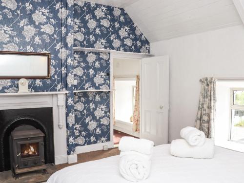 a bedroom with blue and white wallpaper and a fireplace at An Grianan in Ballynabola