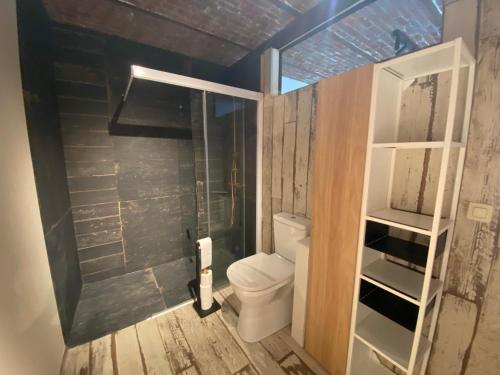 a bathroom with a toilet and a glass shower at Le Relais de la Posterie in Gembloux