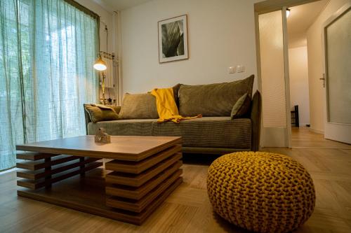 Apartman Terra centar, free parking في أوسييك: غرفة معيشة مع أريكة وطاولة قهوة