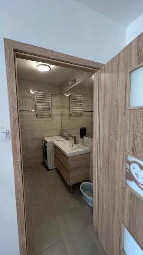 uma casa de banho com um lavatório e um WC em flat 6A em Gorzów Wielkopolski