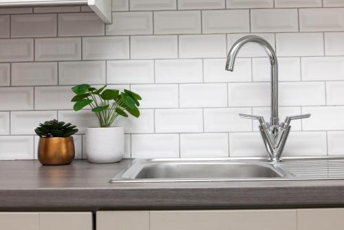 a kitchen sink with a faucet and a potted plant at 5 Star - The Ulsterville Residences - Free On-site Parking in Belfast