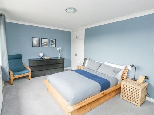 a bedroom with a bed and a blue wall at Terrace Views in Torquay