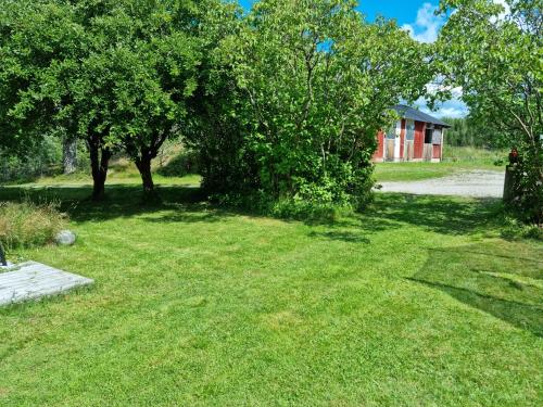 a yard with trees and a house in the background at Charmigt hus på landet nära till bad in Strömstad