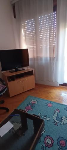 a living room with a flat screen tv and a rug at Julija Guest House in Ohrid