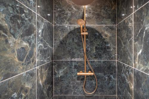 a shower in a bathroom with black tiles at les Myrrhophores et Spa, Chambres d'Hôtes et Gîtes de charme in Abbeville