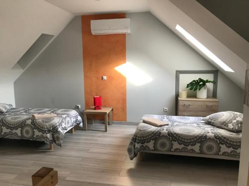 Zimmer im Dachgeschoss mit 2 Betten und einer Decke in der Unterkunft AU POINT DE VUE DE LA ROCHE in Morey